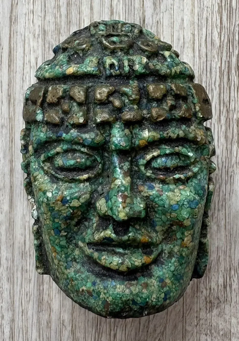 Vintage Mini Mexican Olmec Resin and Crushed Malachite Head, Circa 1960s Rare